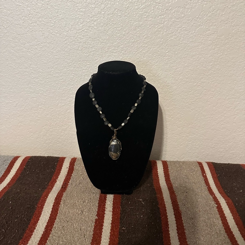 Hand Crafted “One of a Kind” Pyrite, Lava Rock, Brass and Pendant Necklace